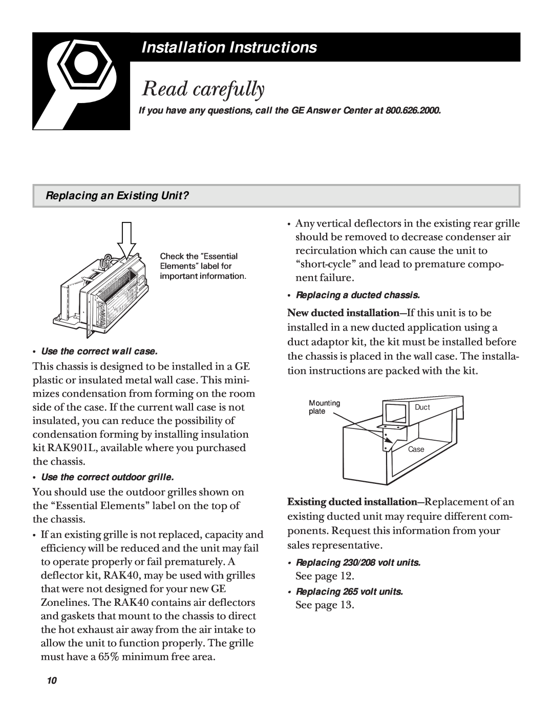 GE 3200 Read carefully, Installation Instructions, Replacing an Existing Unit?, Use the correct wall case 