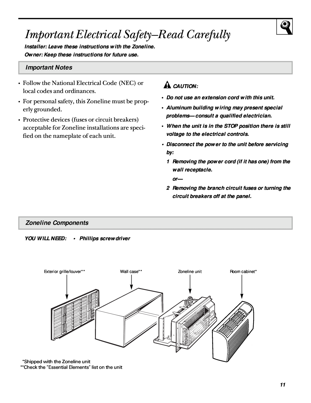 GE 3200 installation instructions Important Electrical Safety-ReadCarefully, Important Notes, Zoneline Components 