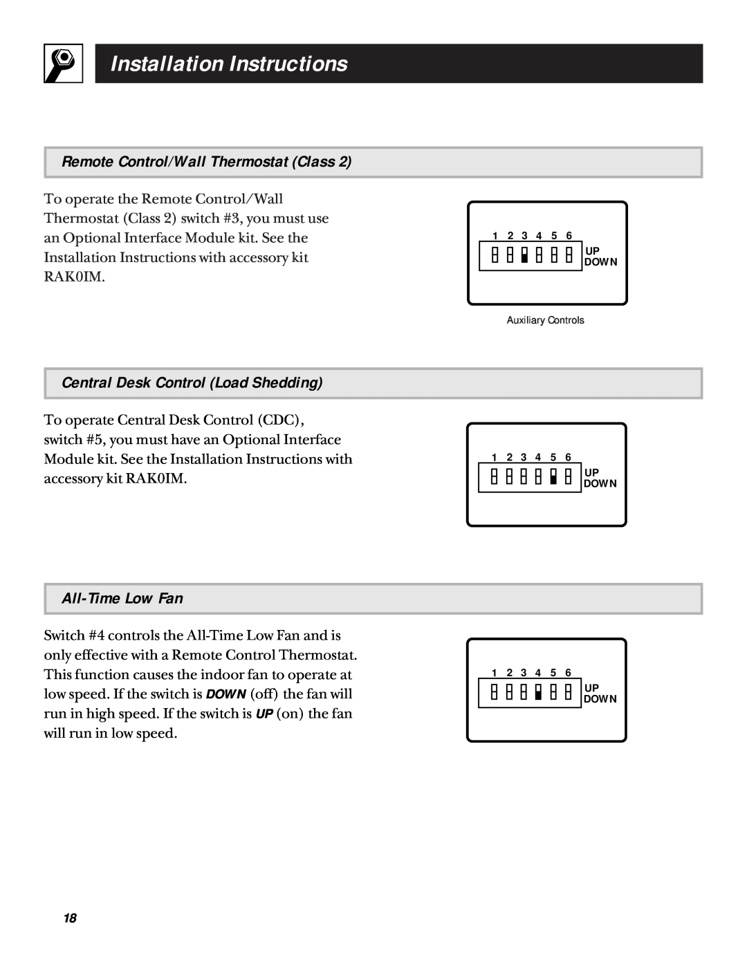 GE 3200 installation instructions Remote Control/Wall Thermostat Class, Central Desk Control Load Shedding, All-TimeLow Fan 