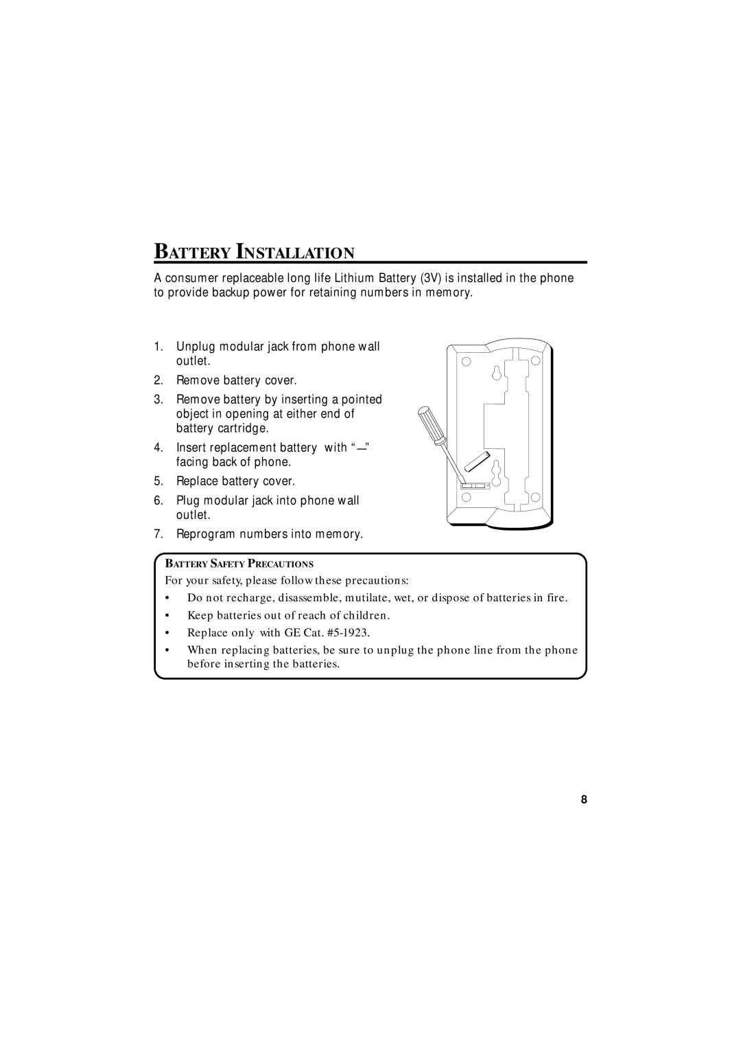 GE 343A6768-0001 instruction manual Battery Installation 