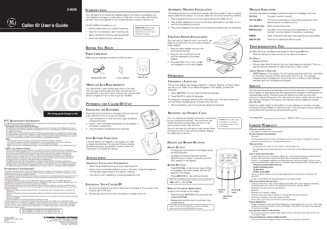 GE 2-9030 warranty Introduction, Before YOU Begin, Powering the Caller ID Unit, Operation, Roubleshooting IPS, Service 