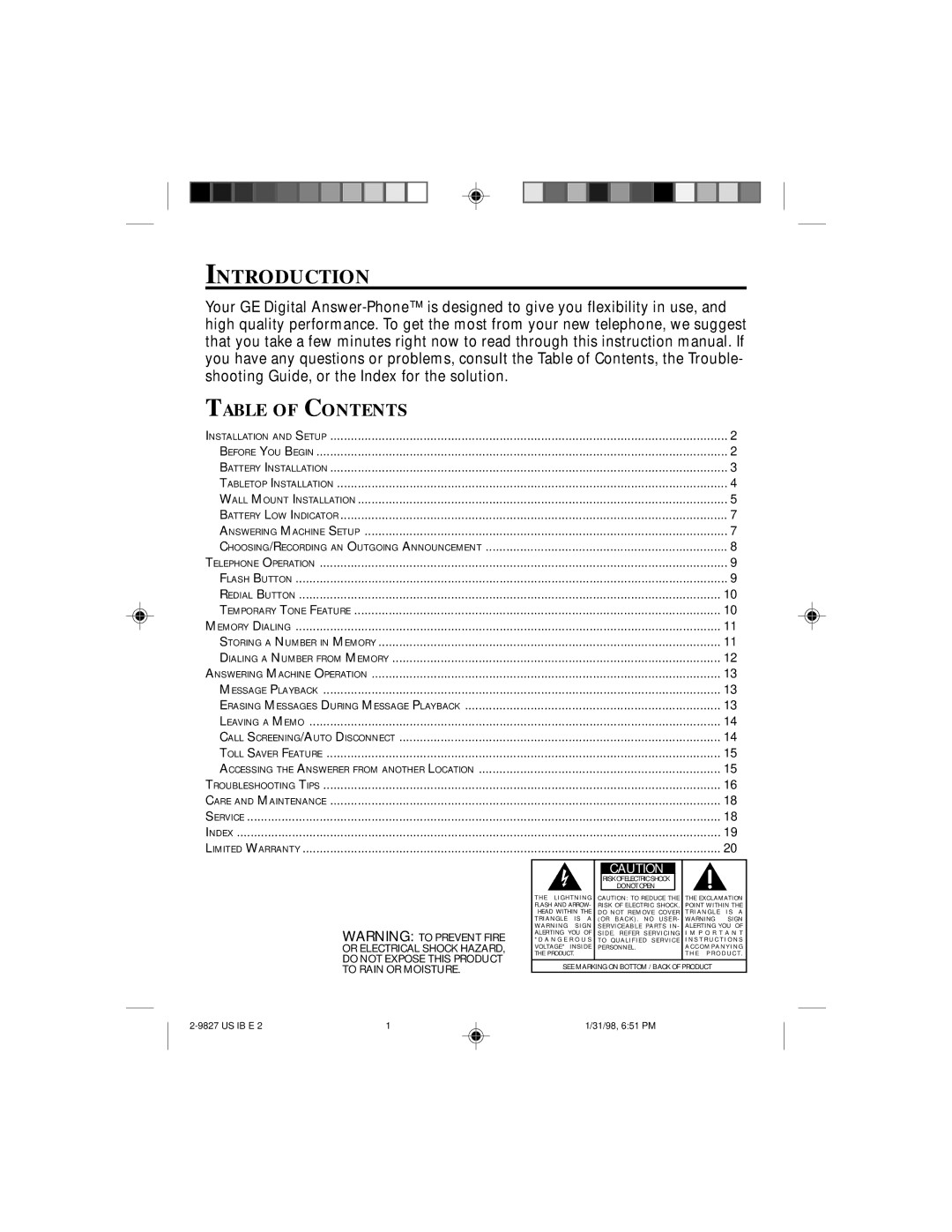 GE 2-9827A, 347A8329-0001 instruction manual Introduction, Table of Contents 