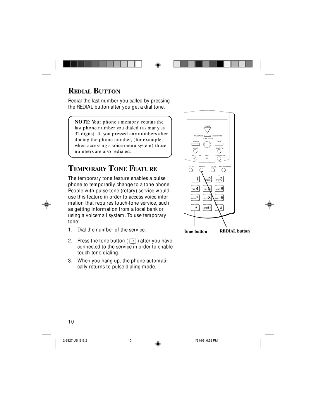 GE 347A8329-0001, 2-9827A instruction manual Redial Button, Temporary Tone Feature 