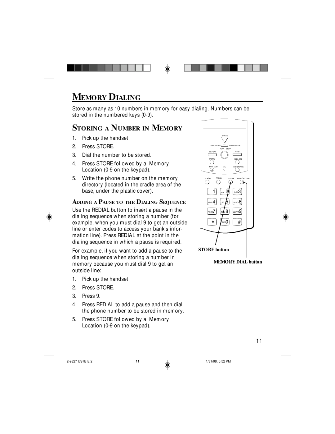 GE 2-9827A, 347A8329-0001 instruction manual Memory Dialing, Storing a Number in Memory 