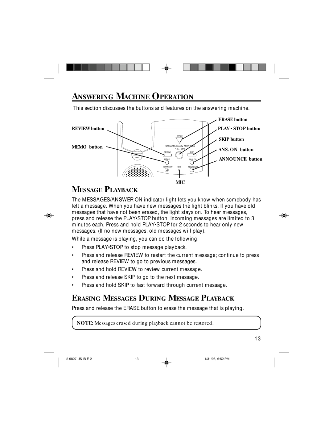 GE 2-9827A, 347A8329-0001 instruction manual Answering Machine Operation, Erasing Messages During Message Playback 