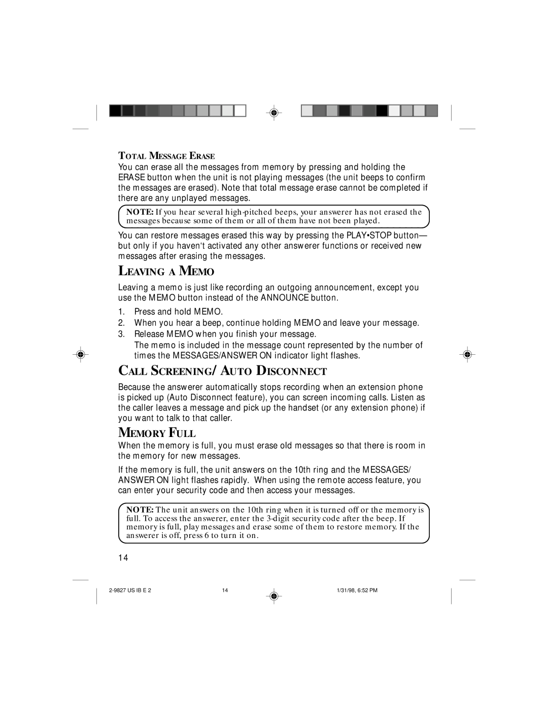 GE 347A8329-0001, 2-9827A instruction manual Leaving a Memo, Call SCREENING/AUTO Disconnect, Memory Full 