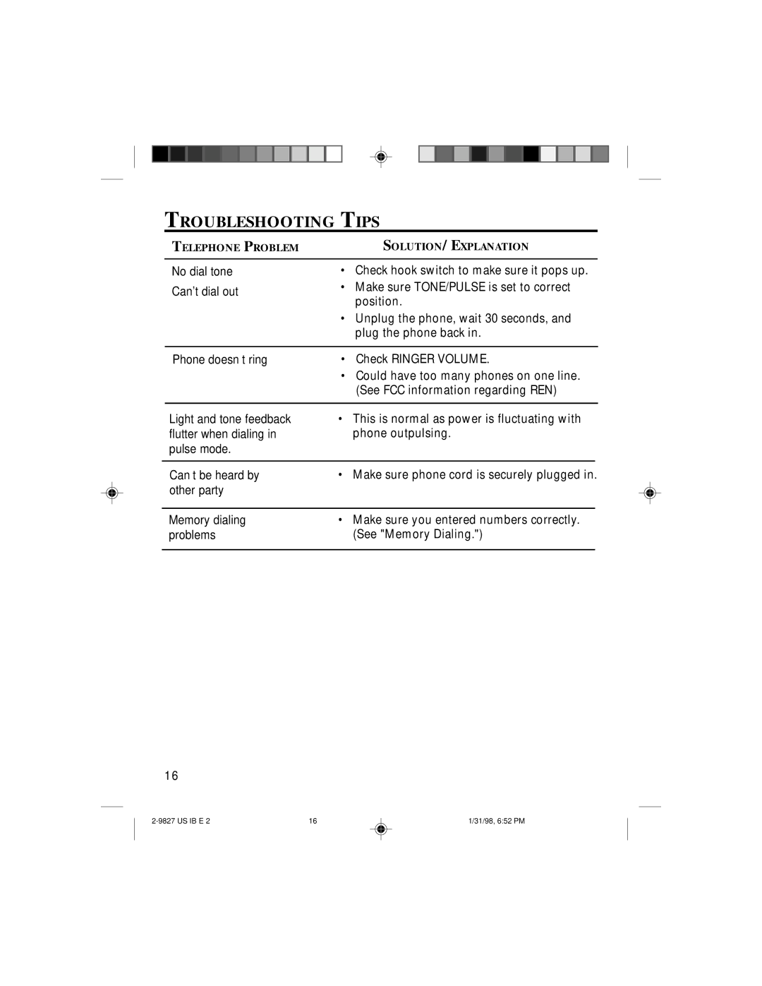 GE 347A8329-0001, 2-9827A instruction manual Troubleshooting Tips, No dial tone Cant dial out 