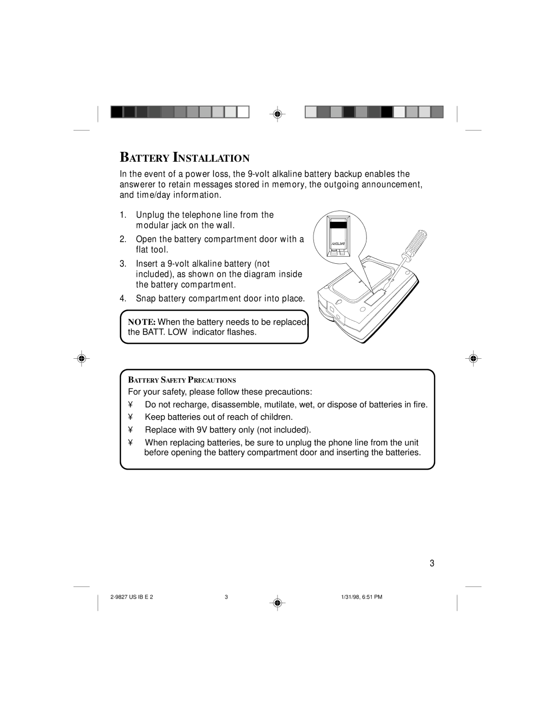 GE 2-9827A, 347A8329-0001 instruction manual Battery Installation 