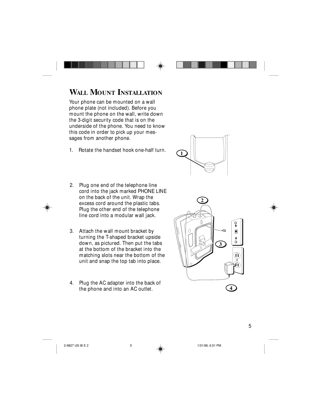 GE 2-9827A, 347A8329-0001 instruction manual Wall Mount Installation, Phone and into an AC outlet 