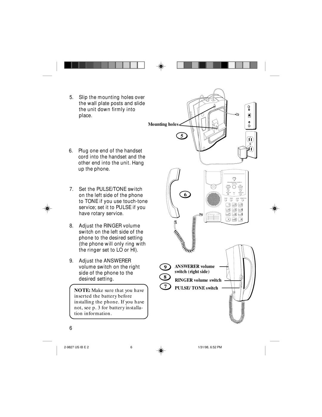 GE 347A8329-0001, 2-9827A instruction manual Set the PULSE/TONE switch 