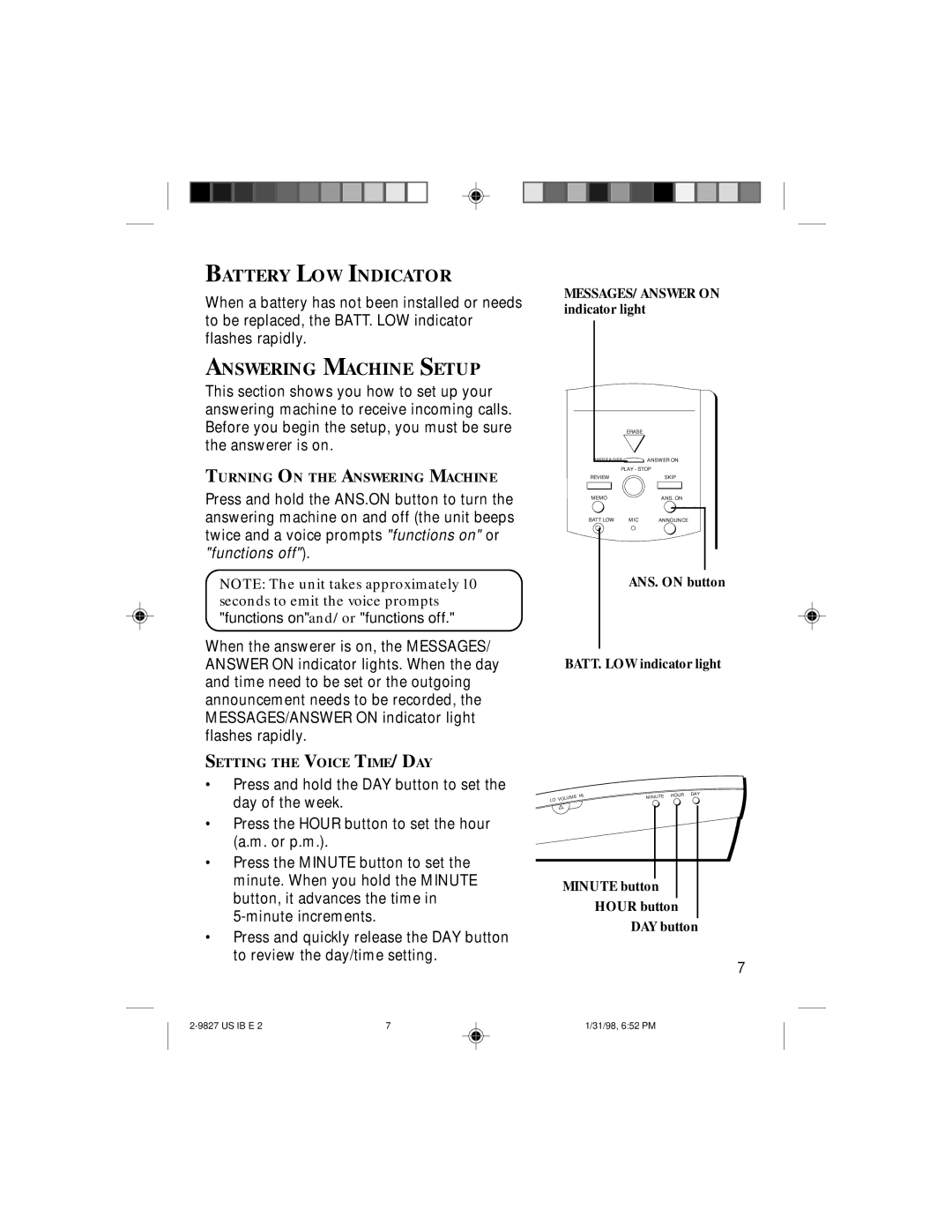 GE 2-9827A, 347A8329-0001 instruction manual Battery LOW Indicator, Answering Machine Setup 