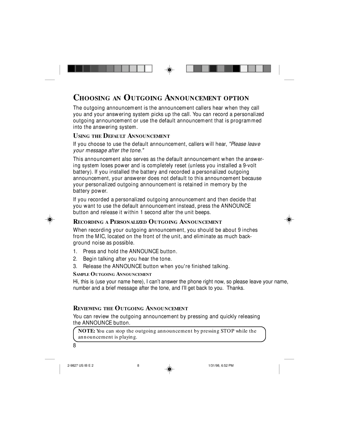 GE 347A8329-0001, 2-9827A instruction manual Choosing AN Outgoing Announcement Option 