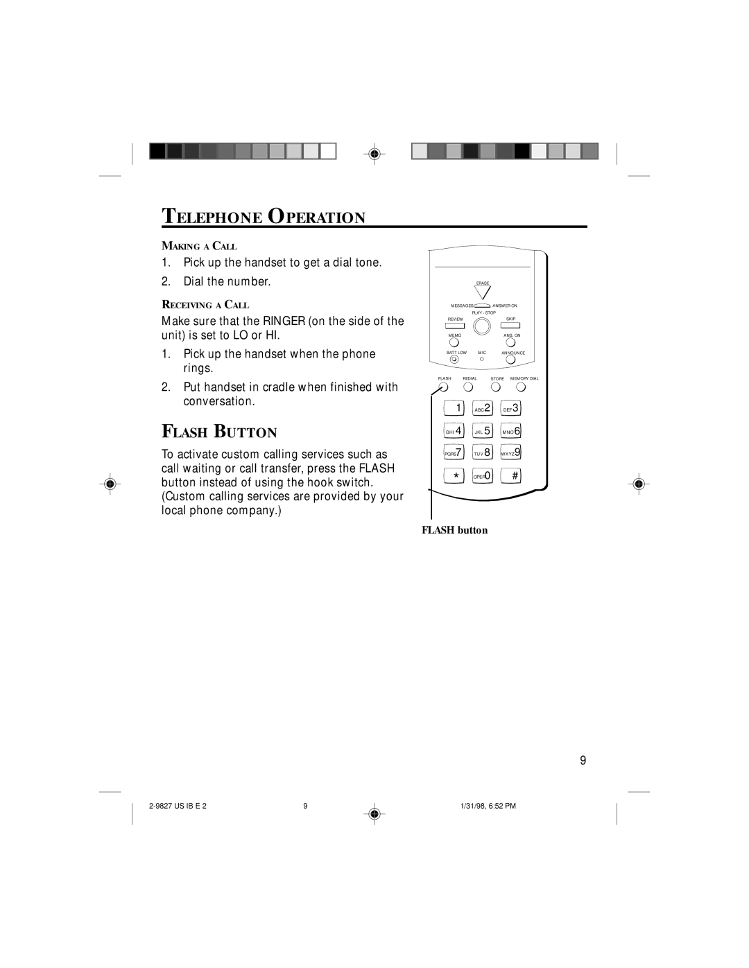 GE 2-9827A, 347A8329-0001 instruction manual Telephone Operation, Flash Button 