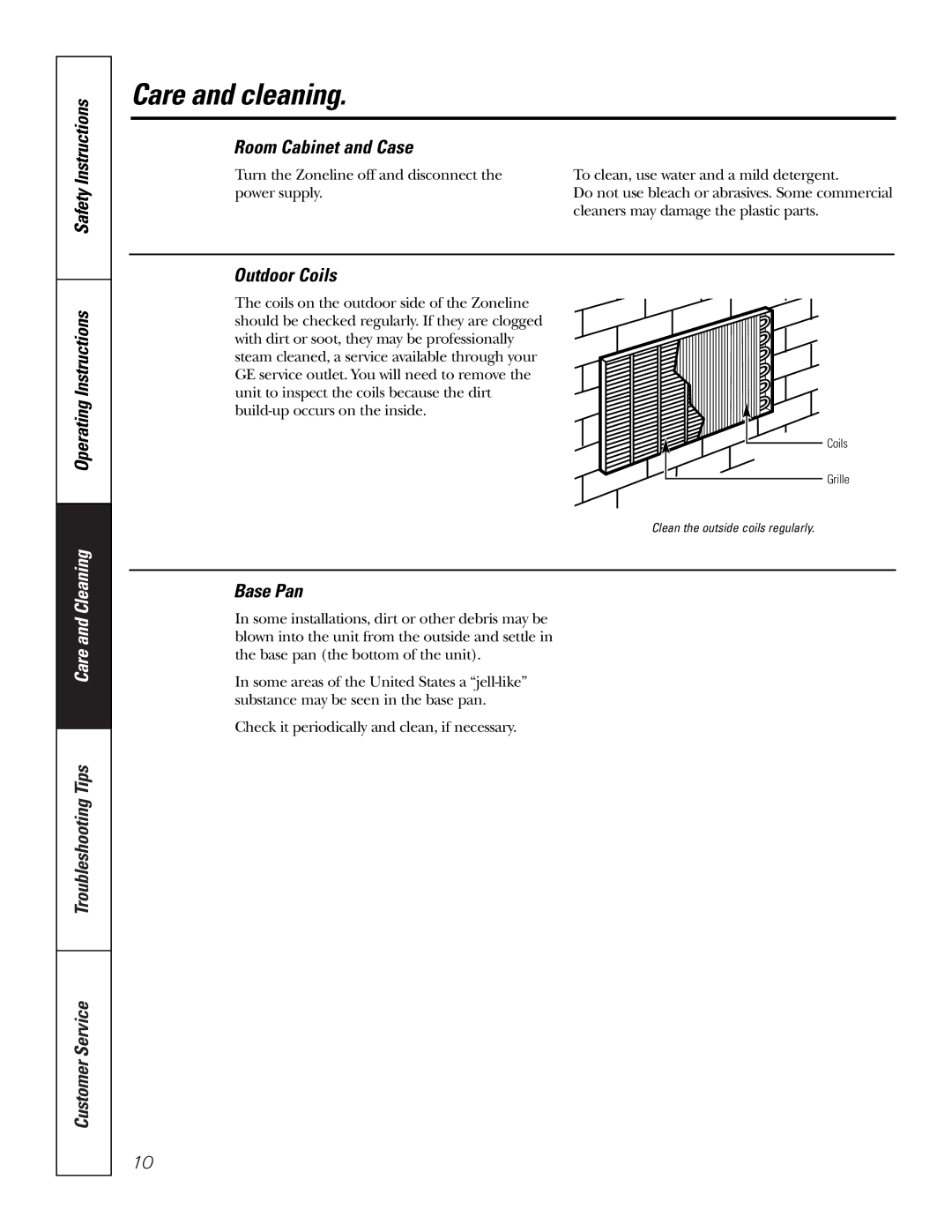 GE 3500 Care and cleaning, Safety Instructions Operating Instructions, Room Cabinet and Case, Outdoor Coils, Base Pan 