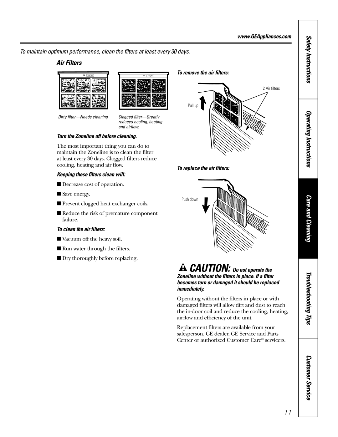 GE 2500, 3500 installation instructions Safety Air Filters, Instructions Operating Instructions 