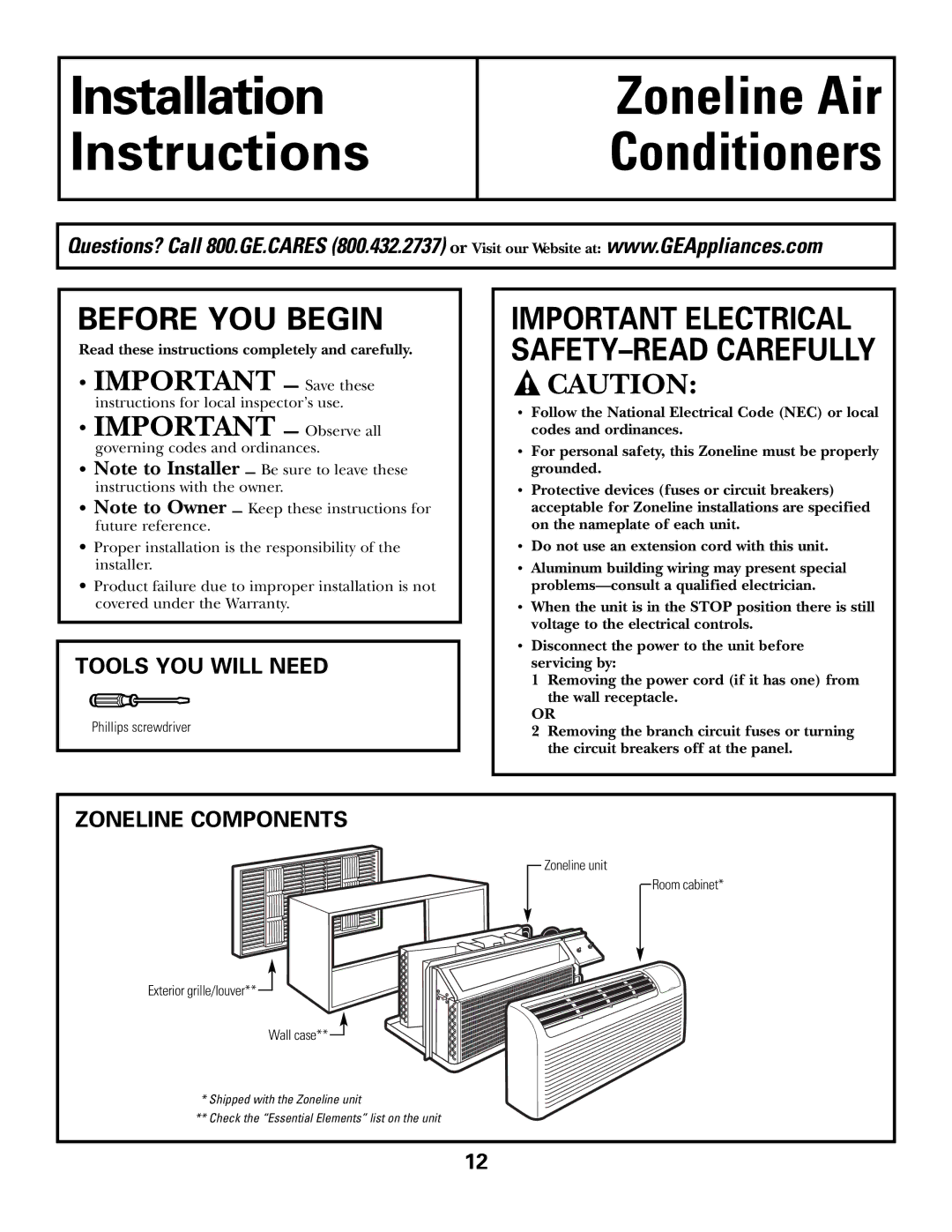 GE 3500, 2500 installation instructions Before YOU Begin, Tools YOU will Need, Zoneline Components 