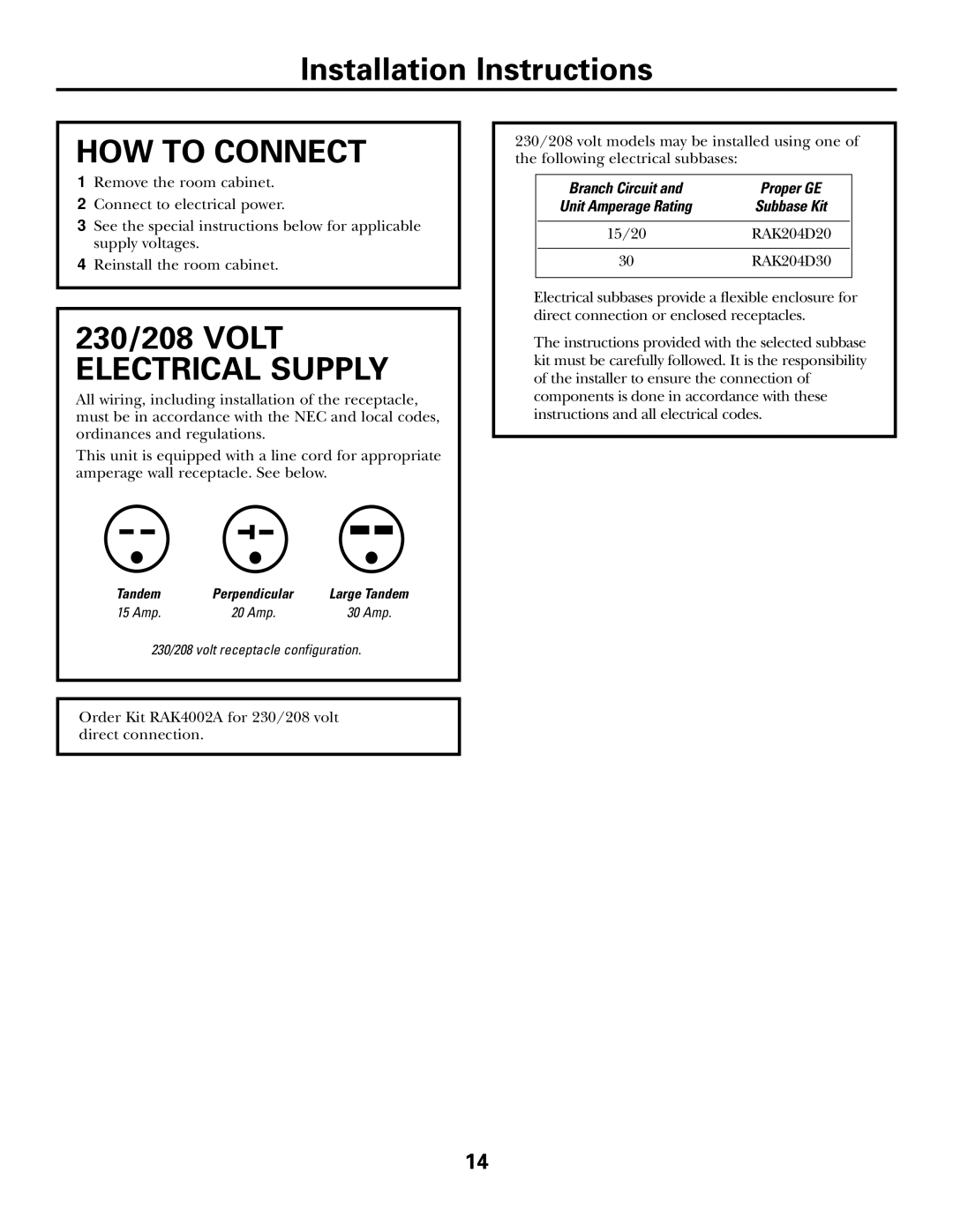 GE 3500, 2500 installation instructions HOW to Connect, 230/208 Volt Electrical Supply 