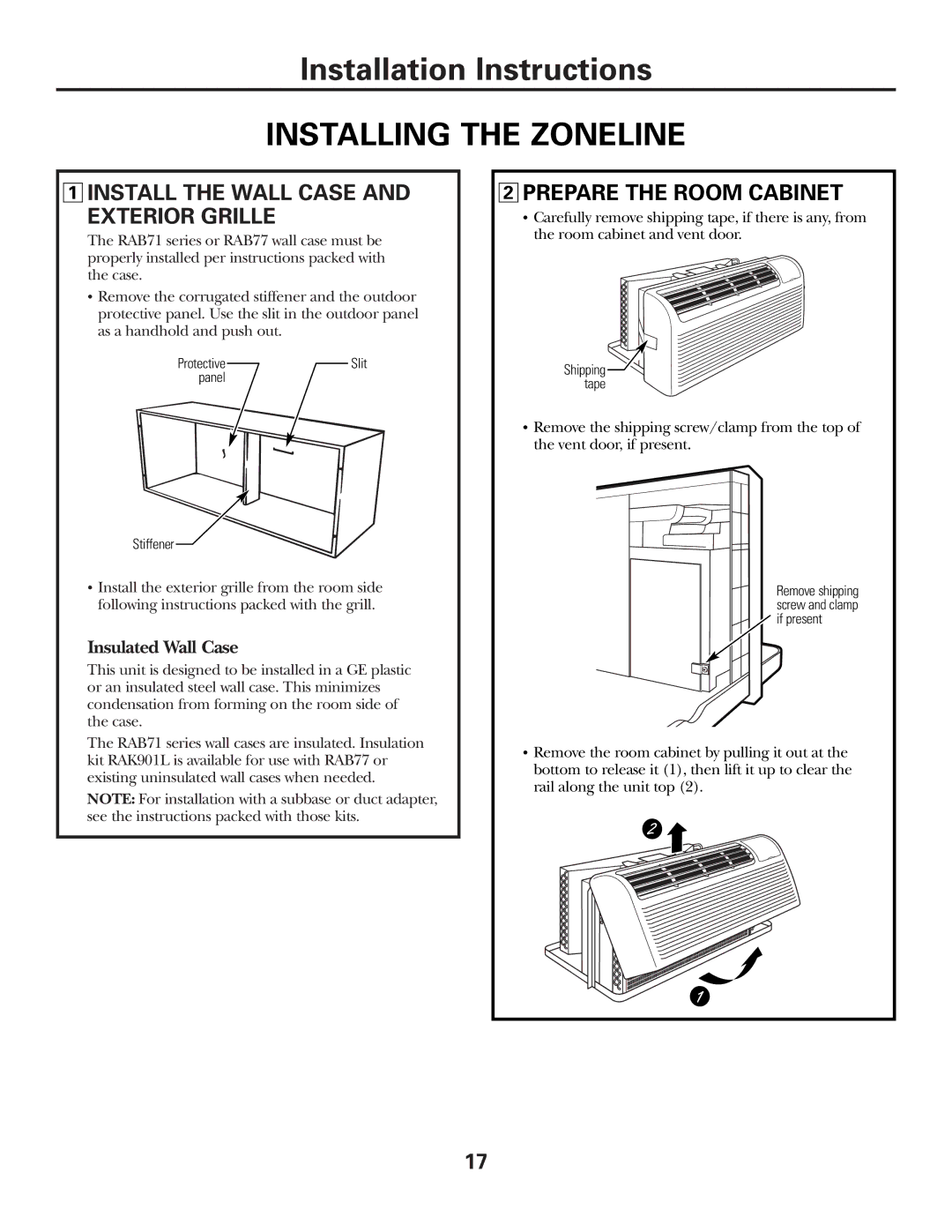 GE 2500, 3500 Installing the Zoneline, Install the Wall Case Exterior Grille, Prepare the Room Cabinet 