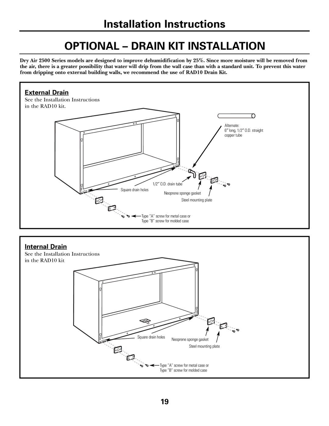 GE 2500, 3500 installation instructions Optional Drain KIT Installation, External Drain 