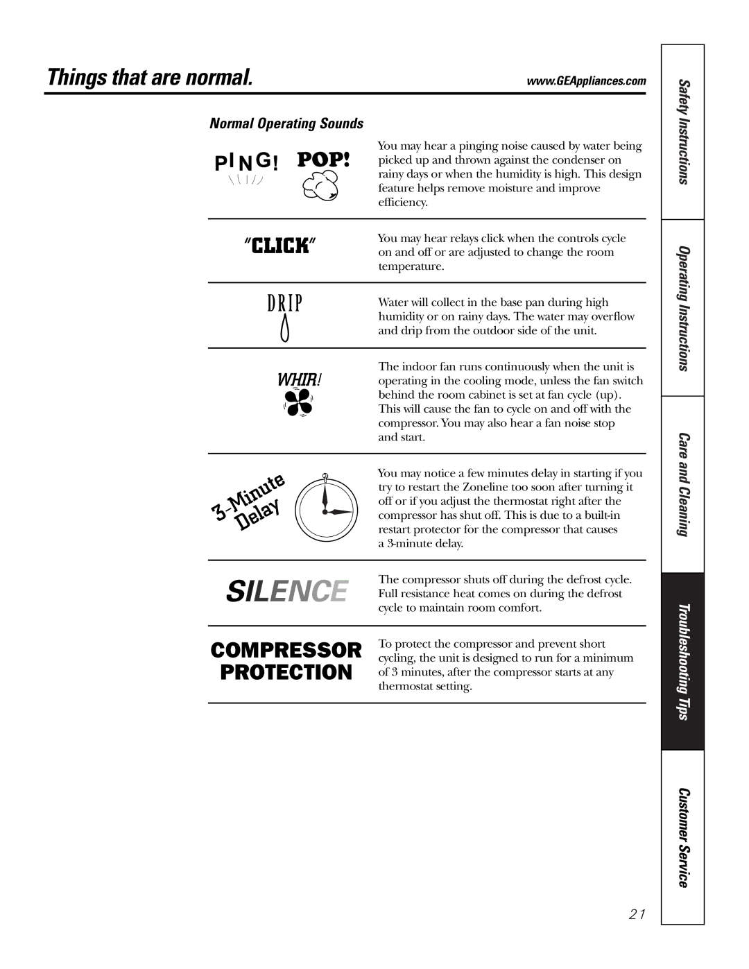 GE 2500, 3500 installation instructions Things that are normal, Normal Operating Sounds 