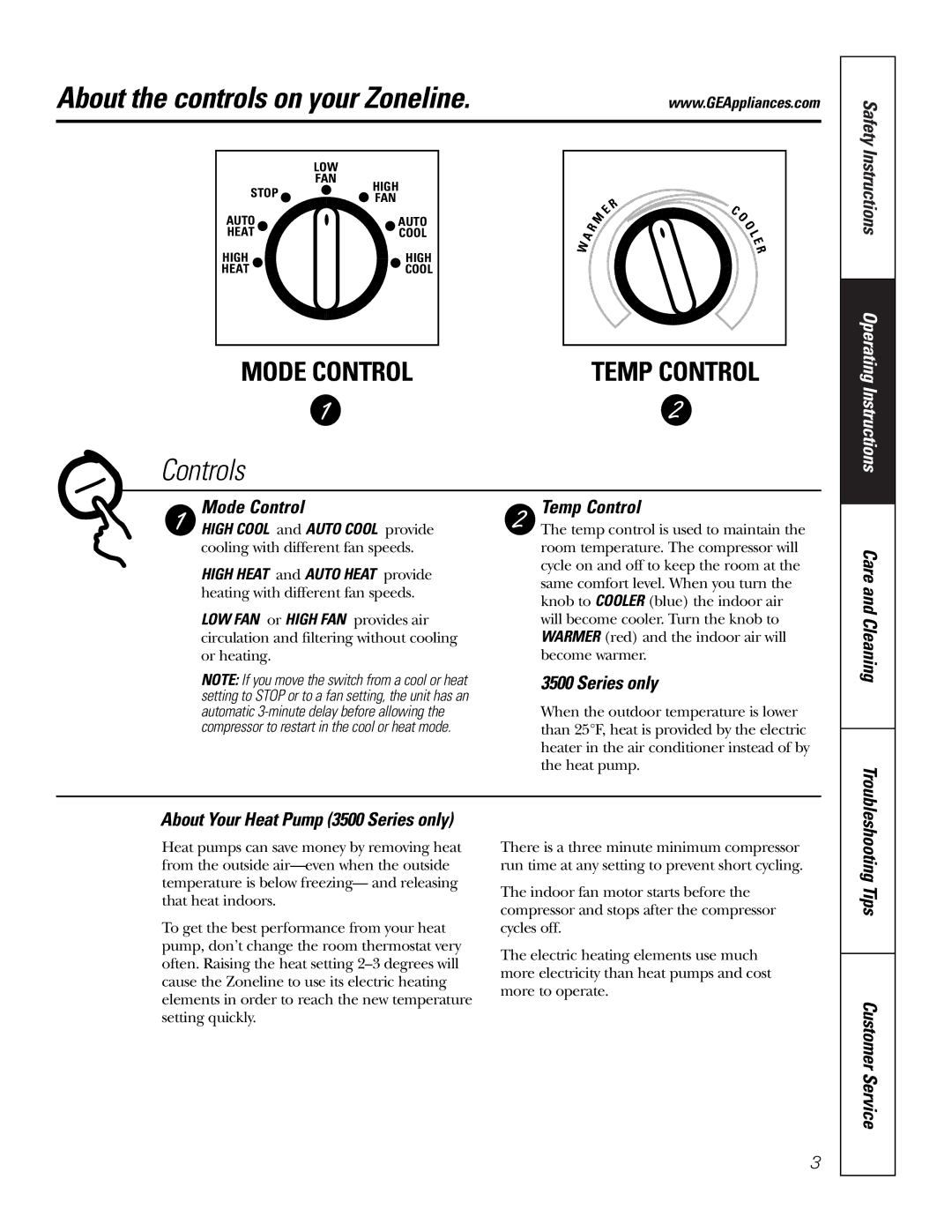 GE 2500, 3500 installation instructions About the controls on your Zoneline 