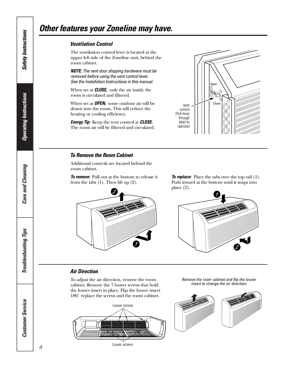 GE 3500, 2500 installation instructions Other features your Zoneline may have, Ventilation Control, Safety Instructions 