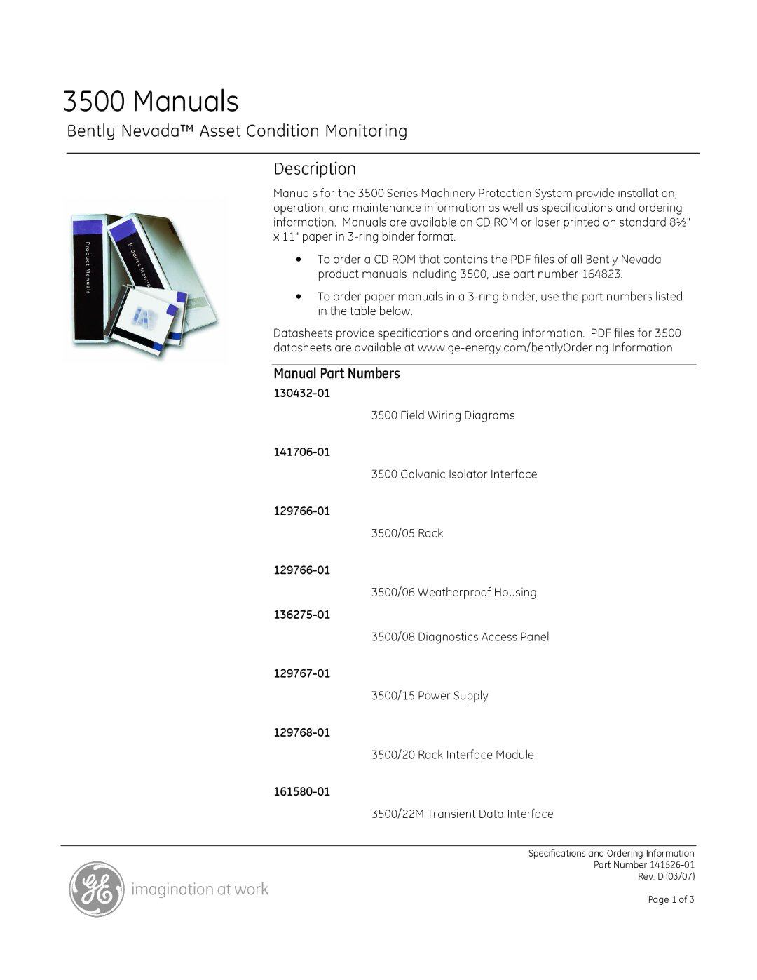 GE 3500 specifications Manuals, Description, Manual Part Numbers 