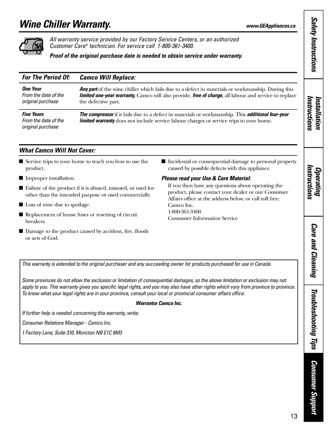 GE 3504502P327 Wine Chiller Warranty, Safety Instructions Installation, Instructions Operating Care 