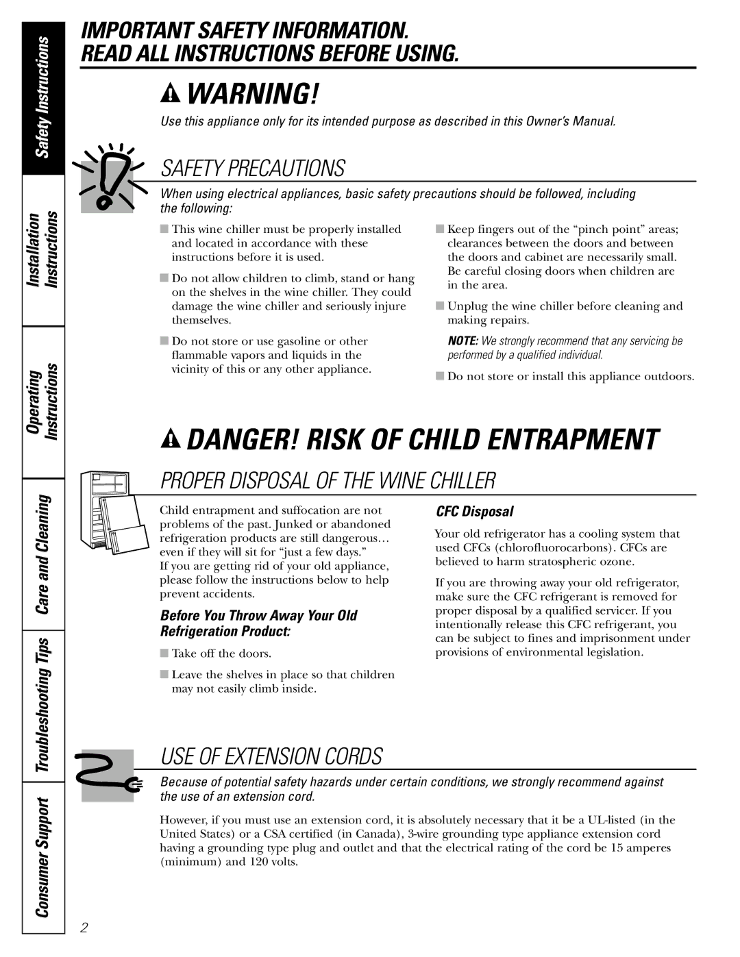 GE 3504502P327 installation instructions Safety Instructions, Consumer Support, CFC Disposal, Care and Cleaning 