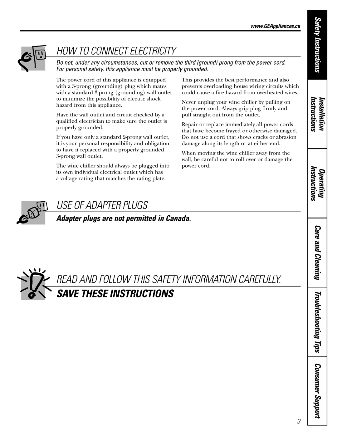 GE 3504502P327 installation instructions Adapter plugs are not permitted in Canada, Instructions Operating 