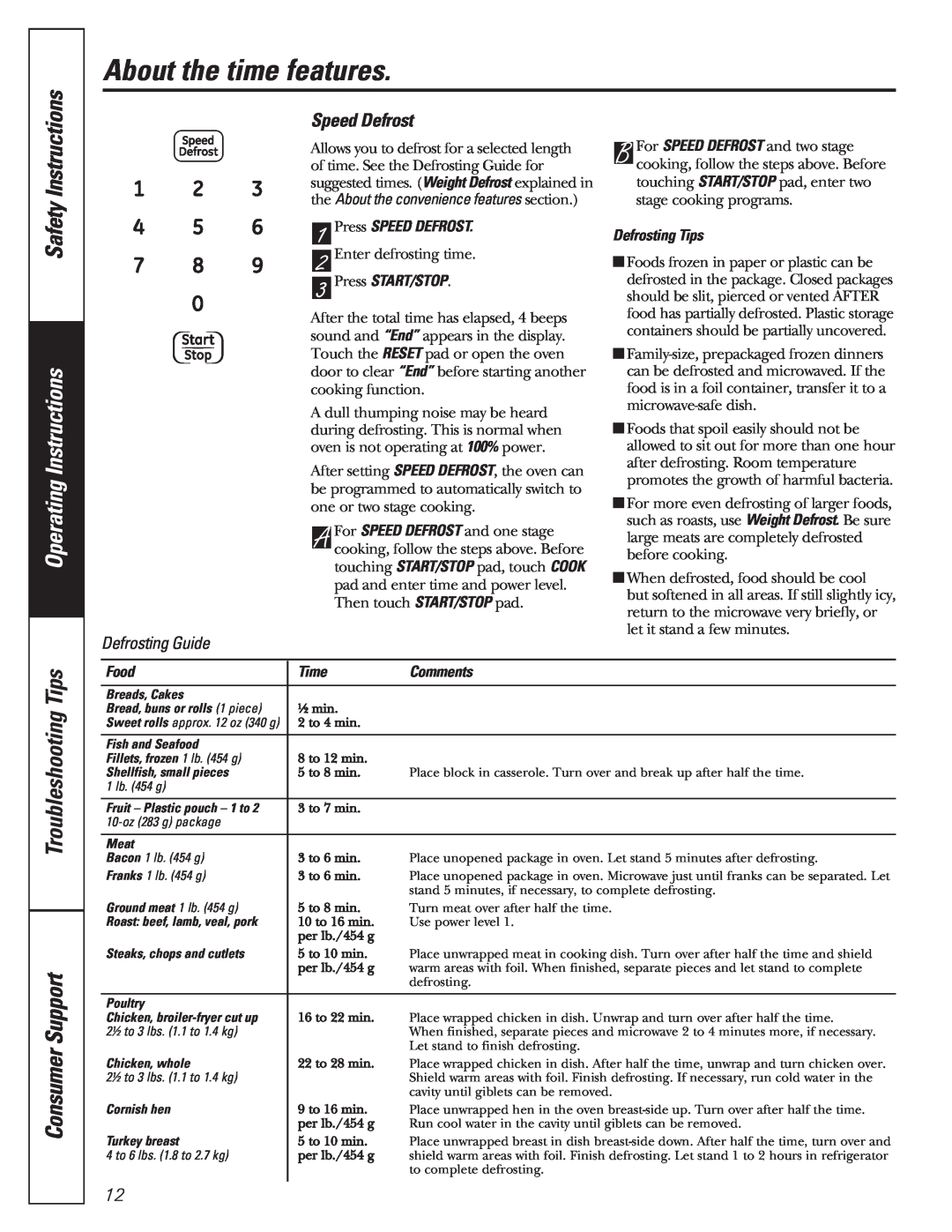 GE 350A4502P592 02-07 ATS manual Speed Defrost, About the time features, Safety Instructions, Operating Instructions 