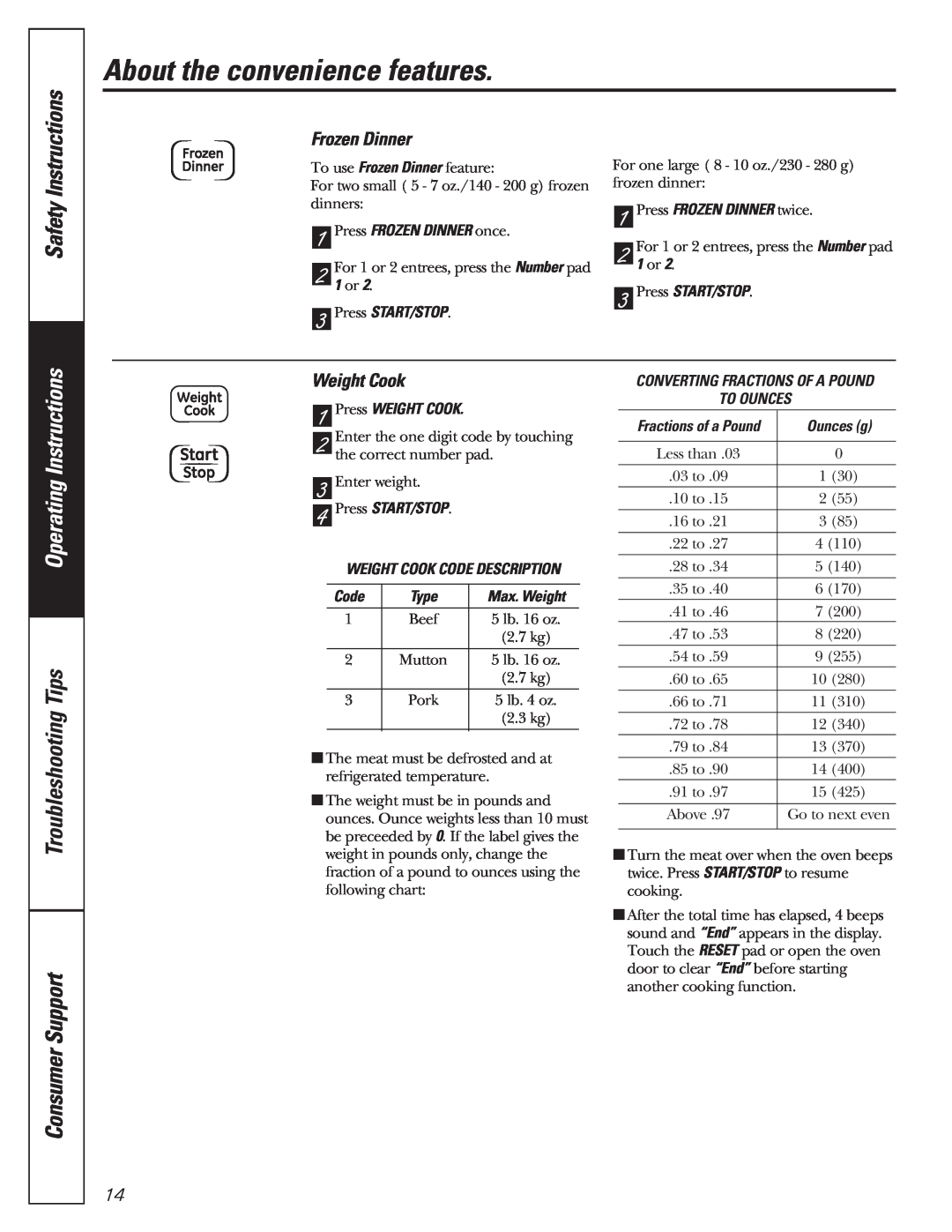 GE 350A4502P592 02-07 ATS manual Safety, Frozen Dinner, Weight Cook, About the convenience features, Instructions 