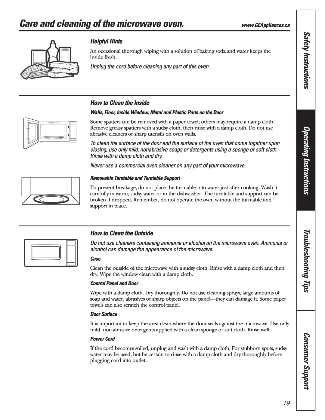 GE 350A4502P592 02-07 ATS manual Care and cleaning of the microwave oven, Helpful Hints, How to Clean the Inside 