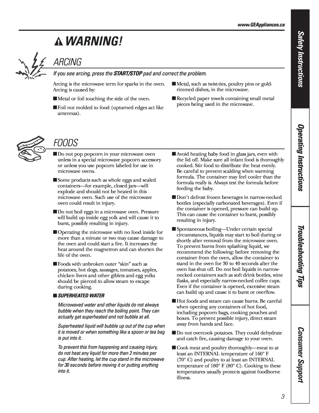 GE 350A4502P592 02-07 ATS manual Arcing, Foods, Instructions Troubleshooting Tips, Consumer Support, Safety Instructions 