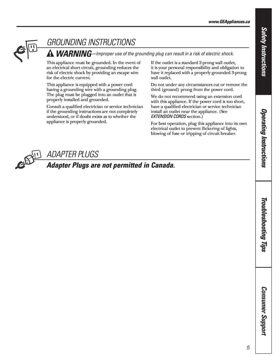 GE 350A4502P592 02-07 ATS manual Grounding Instructions, Operating, Adapter Plugs are not permitted in Canada 