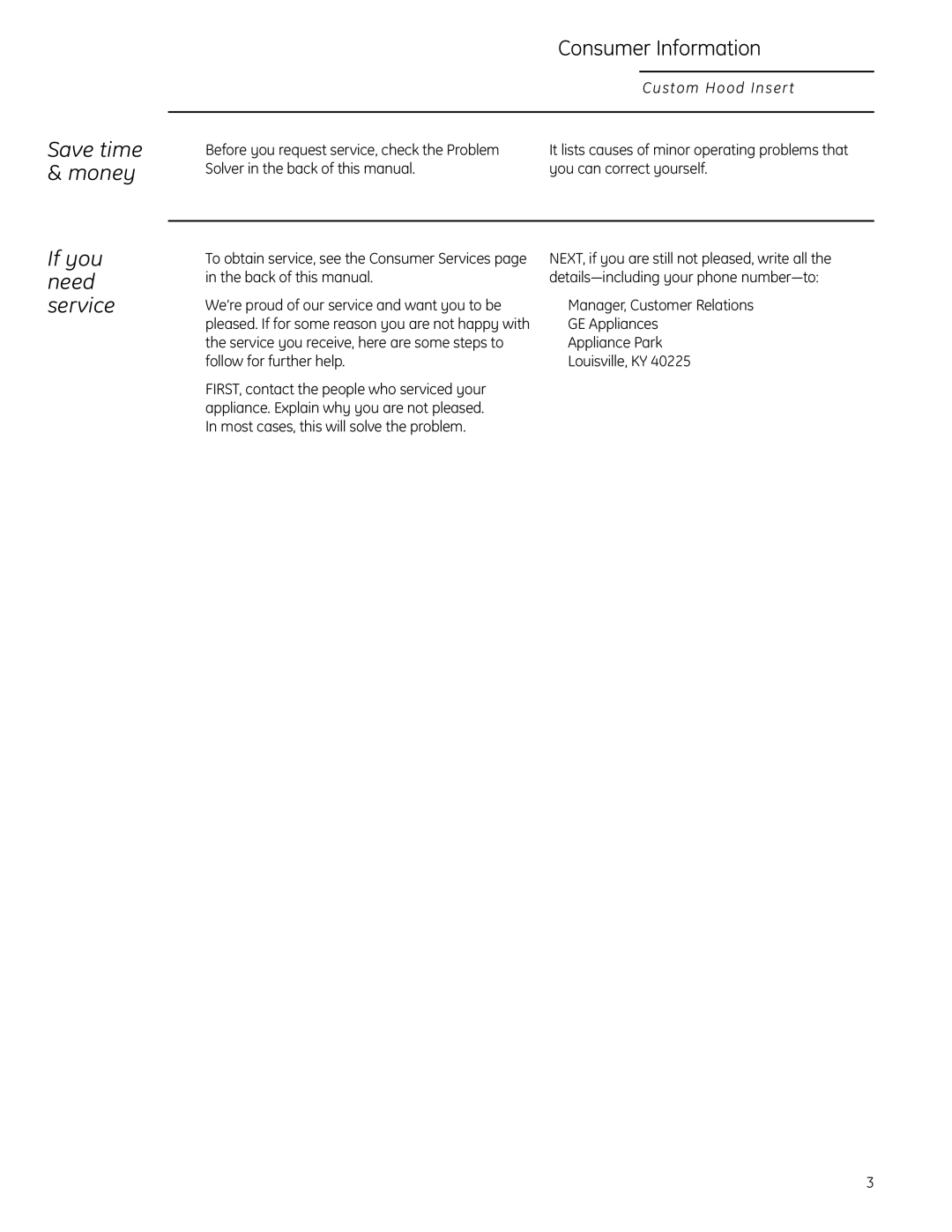 GE 48 and 54, 36, 30, 42 owner manual Consumer Information 