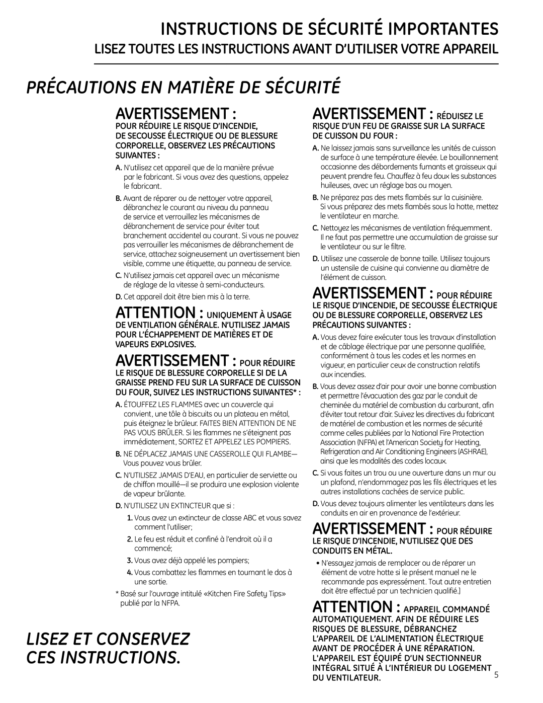 GE 30, 36, 42, 48 and 54 owner manual Précautions EN Matière DE Sécurité 