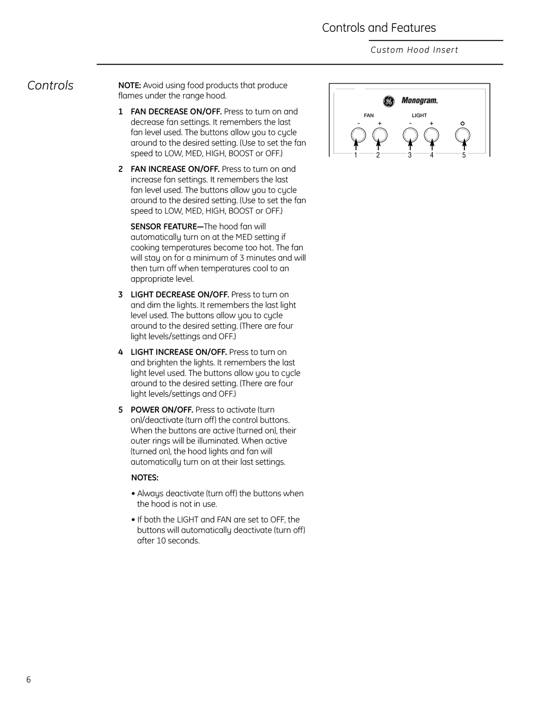 GE 42, 36, 30, 48 and 54 owner manual Controls 