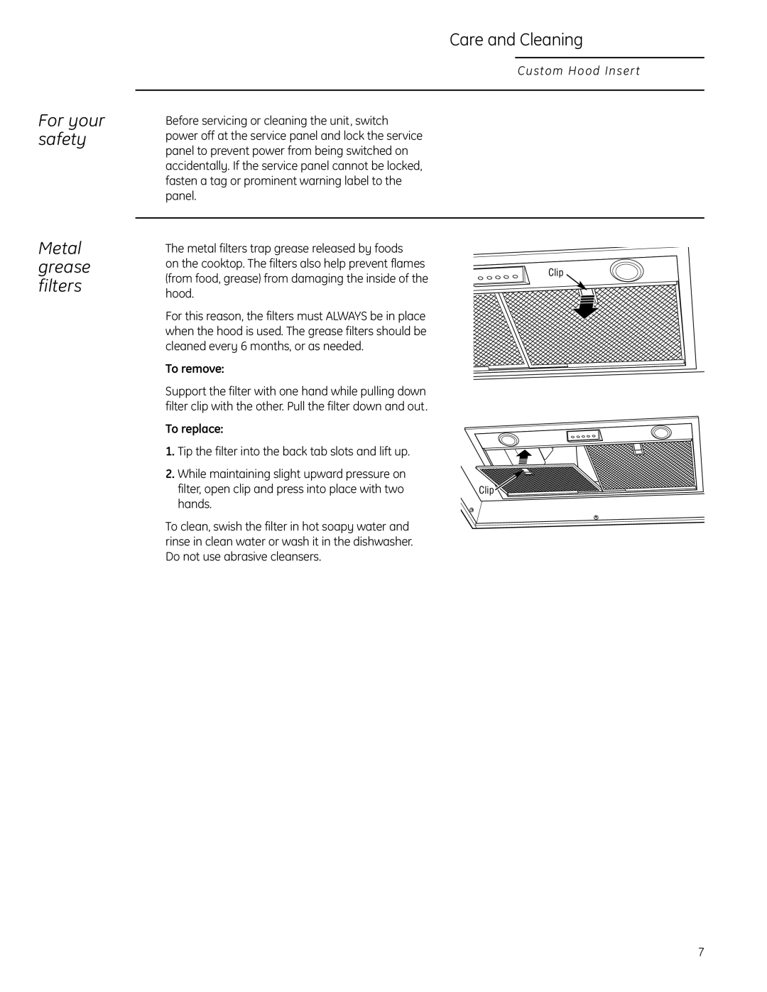 GE 48 and 54, 36, 30, 42 owner manual For your safety, Metal grease filters 