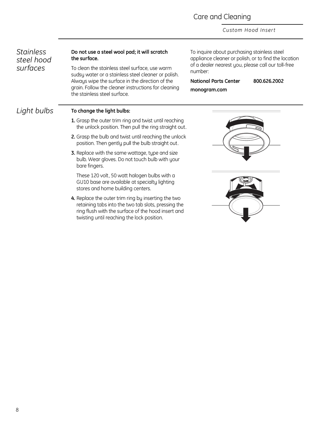 GE 36, 30, 42, 48 and 54 owner manual Light bulbs, Stainless steel hood surfaces 