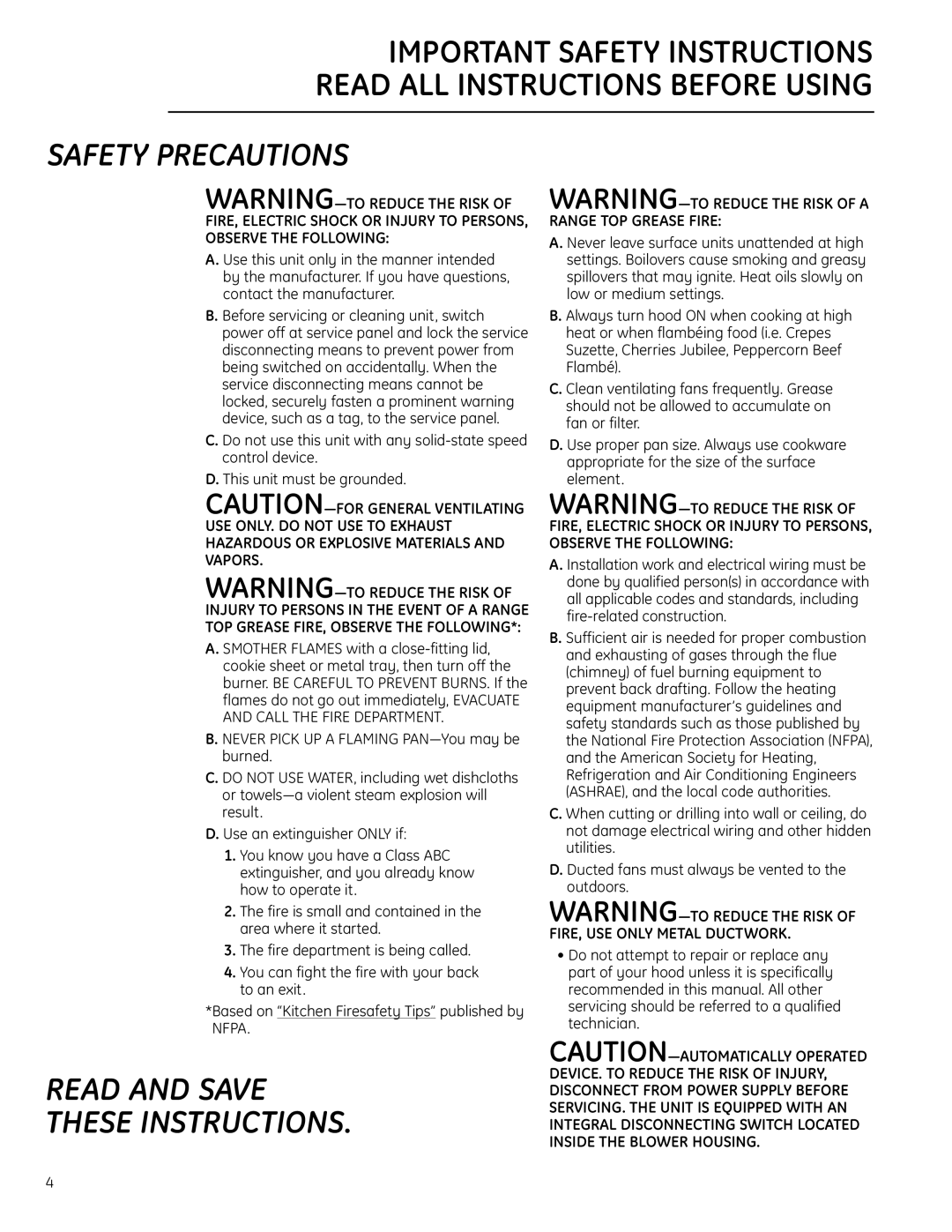 GE 36 Safety Precautions, Read And Save These Instructions, Important Safety Instructions, Warning-To Reduce The Risk Of 