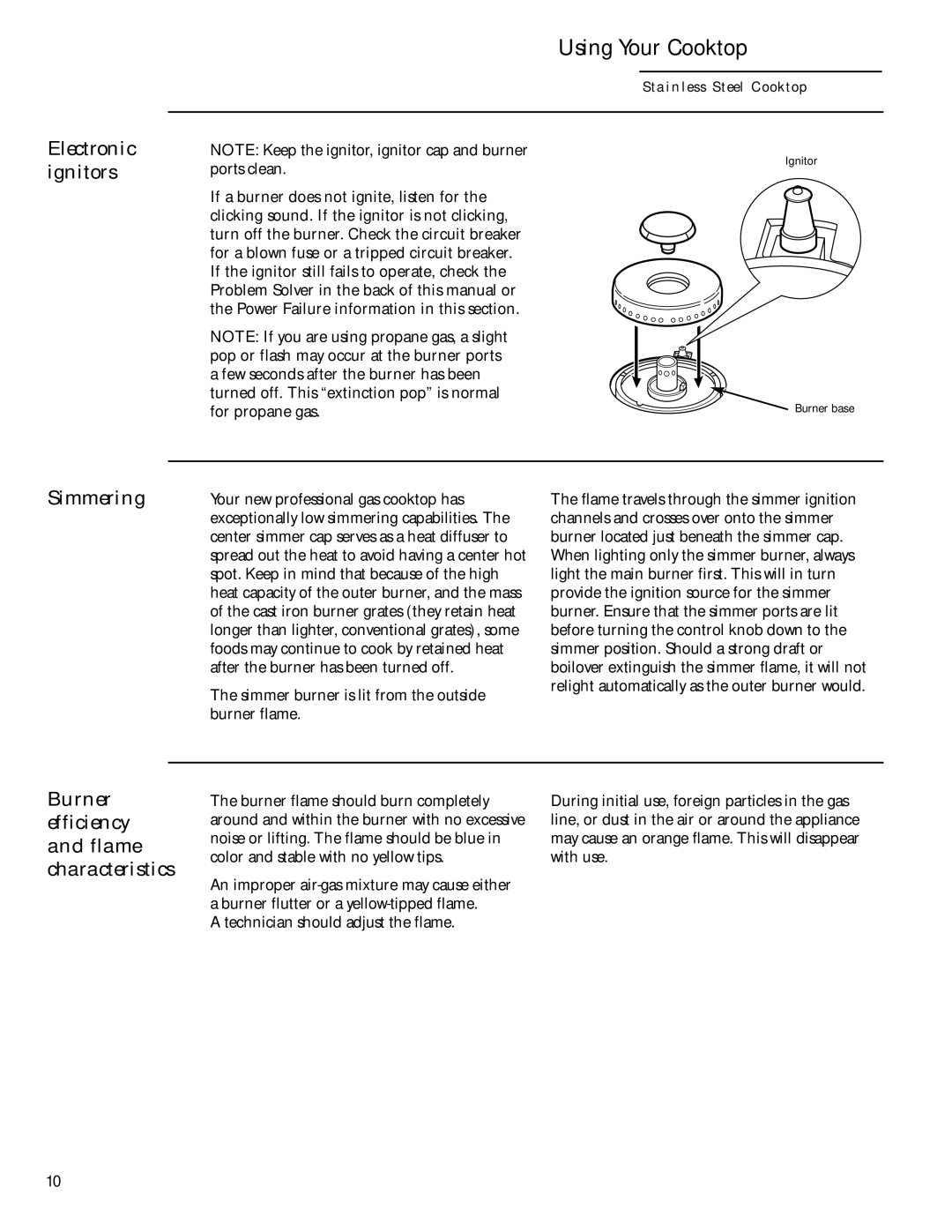 GE 36 owner manual Electronic ignitors, Simmering, Burner efficiency and flame characteristics 