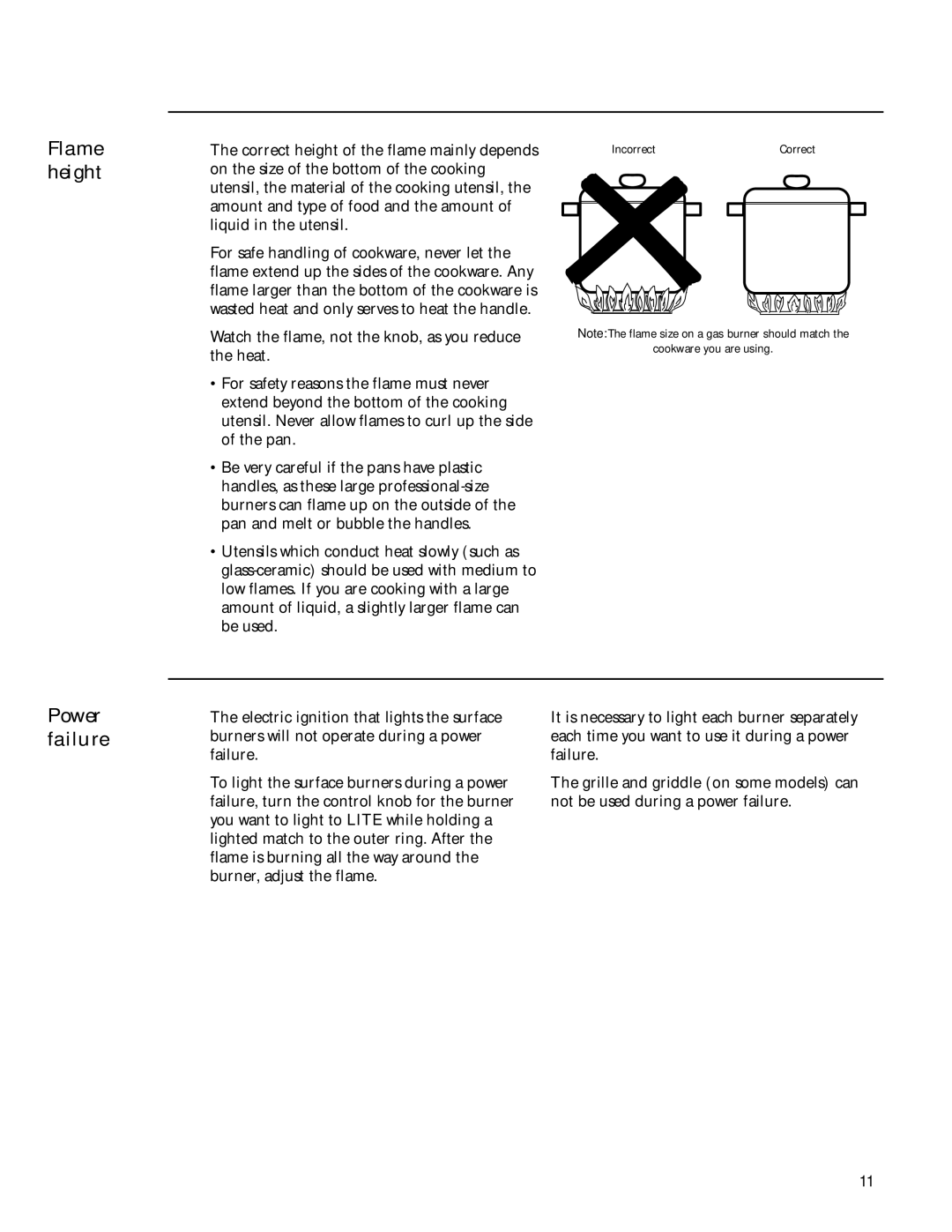 GE 36 owner manual Flame height, Power failure 