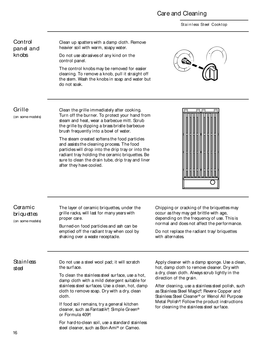 GE 36 owner manual Control panel and knobs Grille, Ceramic briquettes, Stainless steel 