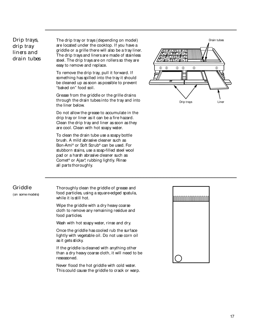 GE 36 owner manual Drip trays, drip tray liners and drain tubes Griddle 