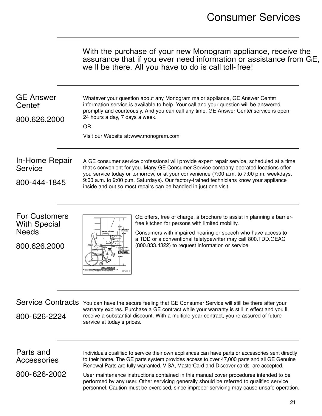 GE 36 owner manual Consumer Services 