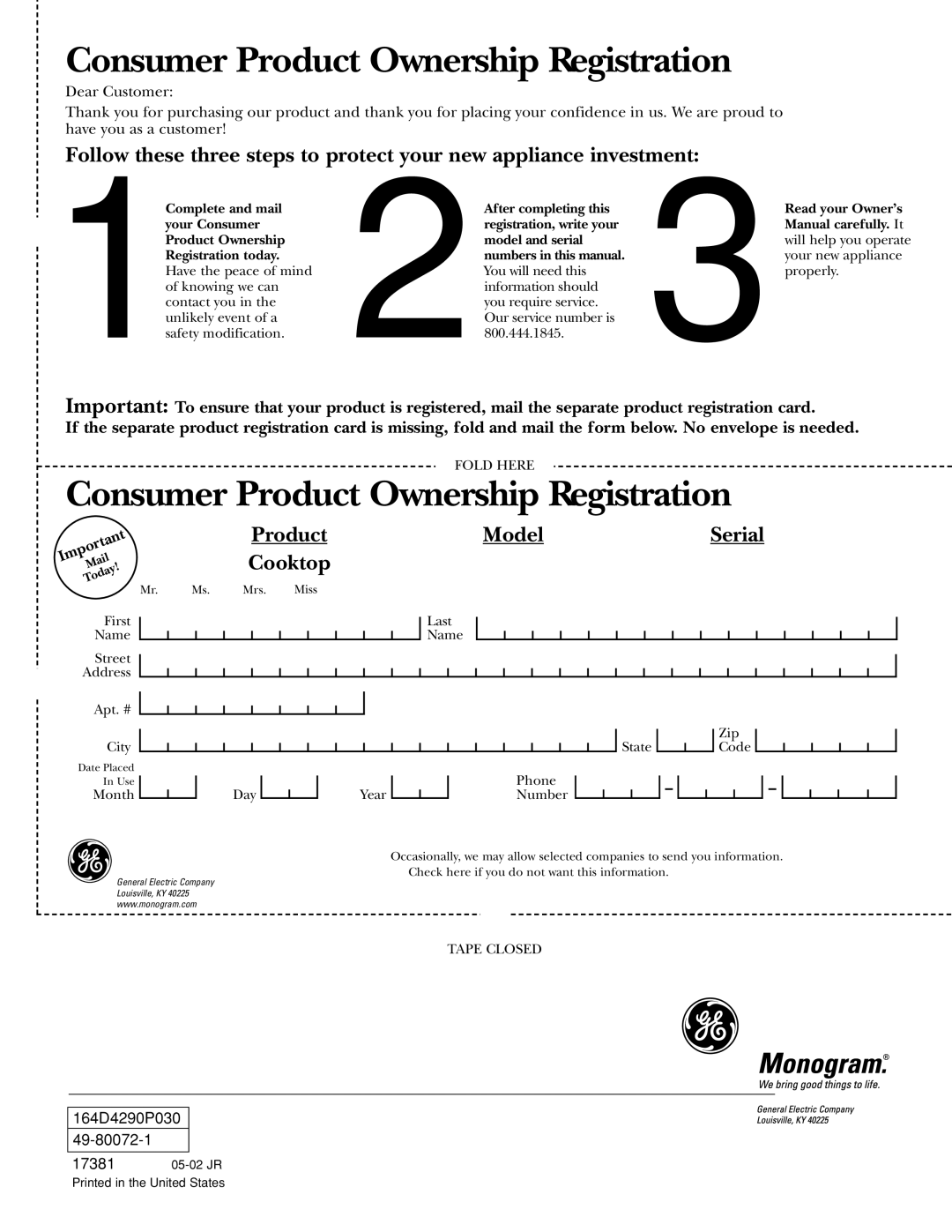 GE 36 owner manual Consumer Product Ownership Registration 