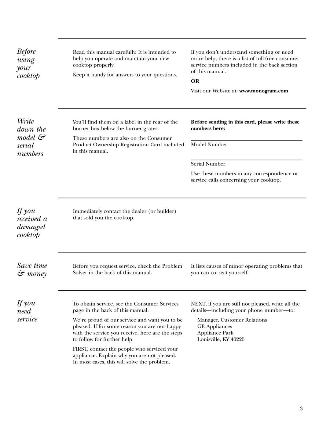 GE 36 owner manual Before using your cooktop, Write down the model & serial numbers, If you need service 