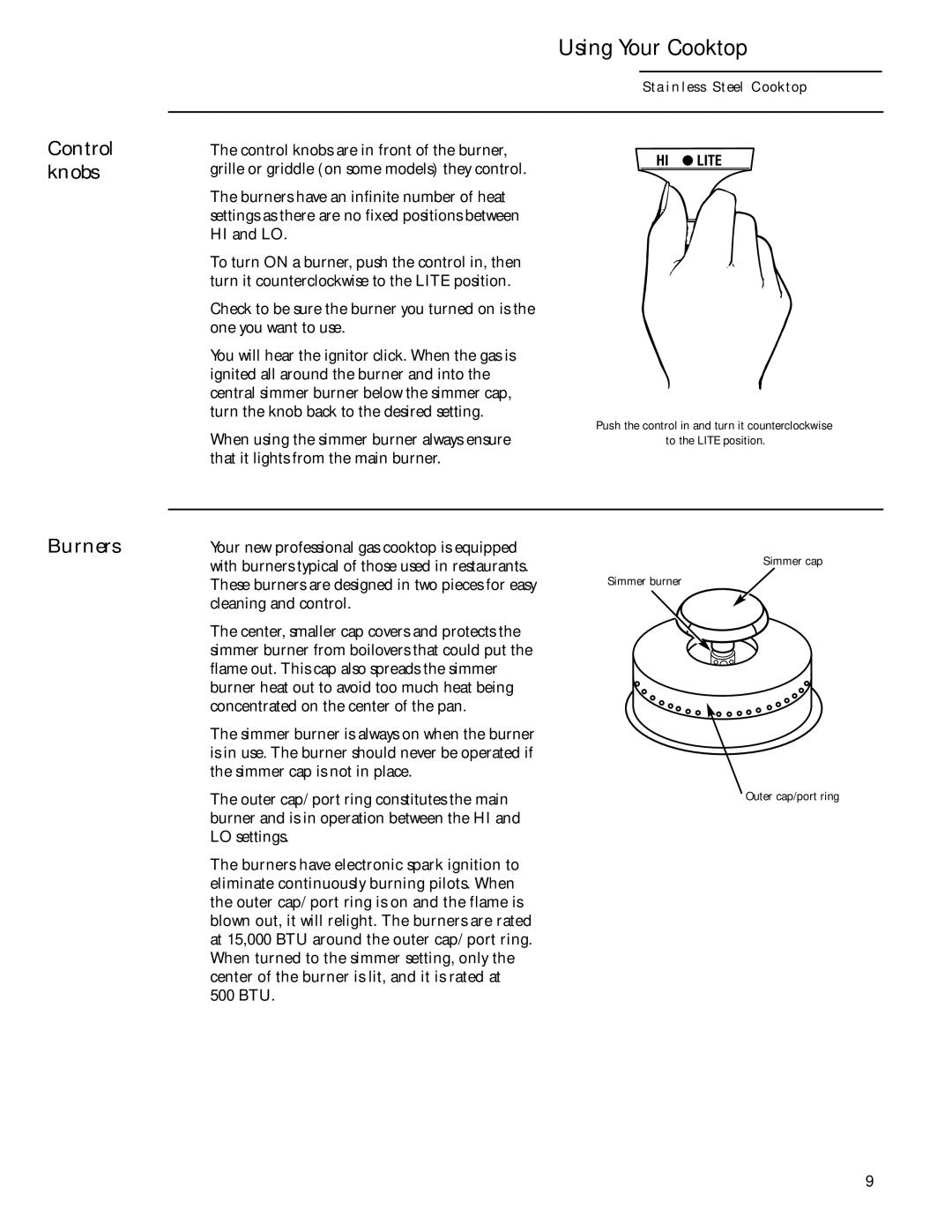 GE 36 owner manual Control knobs Burners, Using Your Cooktop 