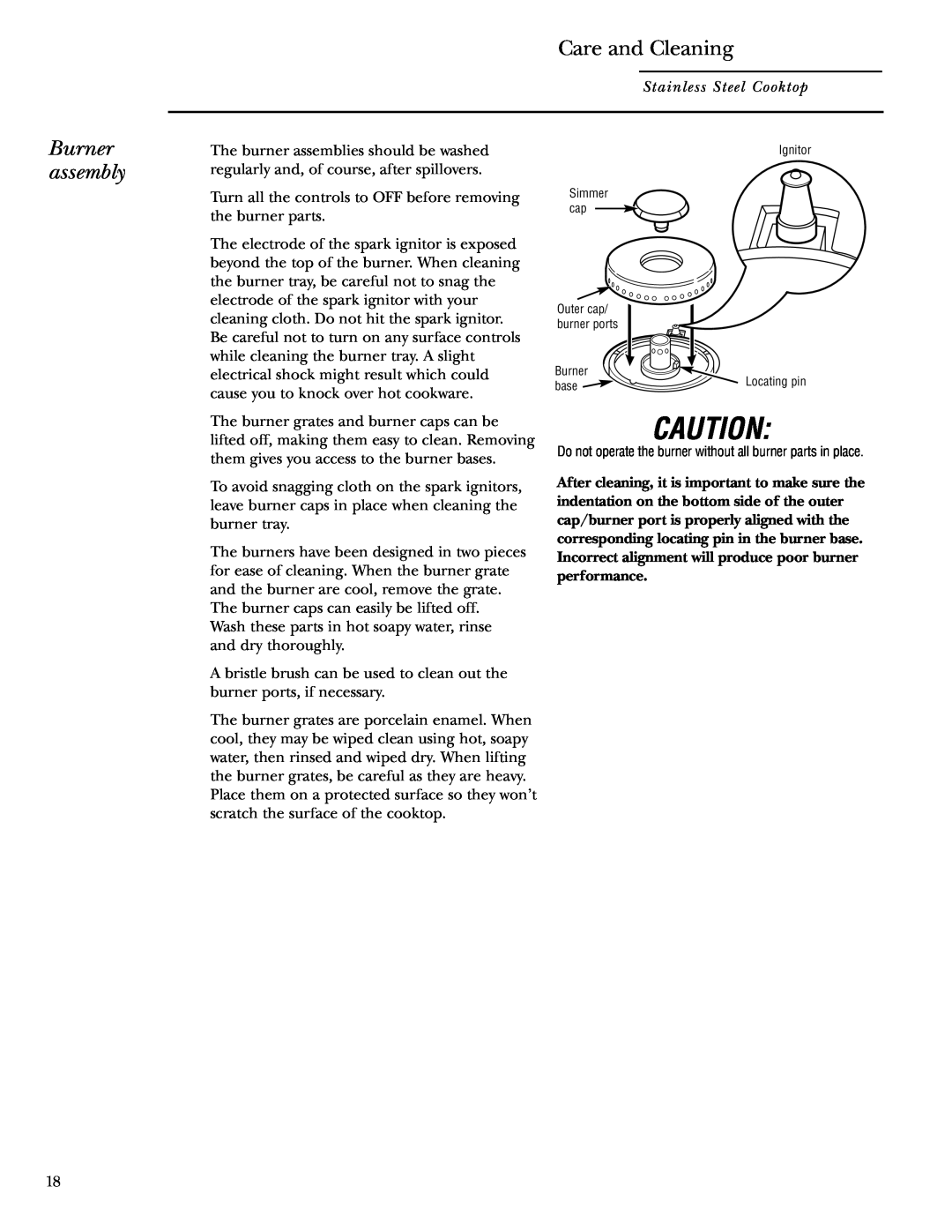 GE 36 owner manual Burner assembly, Care and Cleaning 